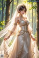 A woman in a wedding dress standing in the woods.