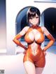 Anime girl in an orange bodysuit posing for the camera.