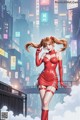 A woman in a red latex outfit standing in the middle of a city.