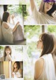 A collage of photos of a woman in a white shirt.