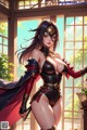 A woman in a black and red outfit holding a sword.